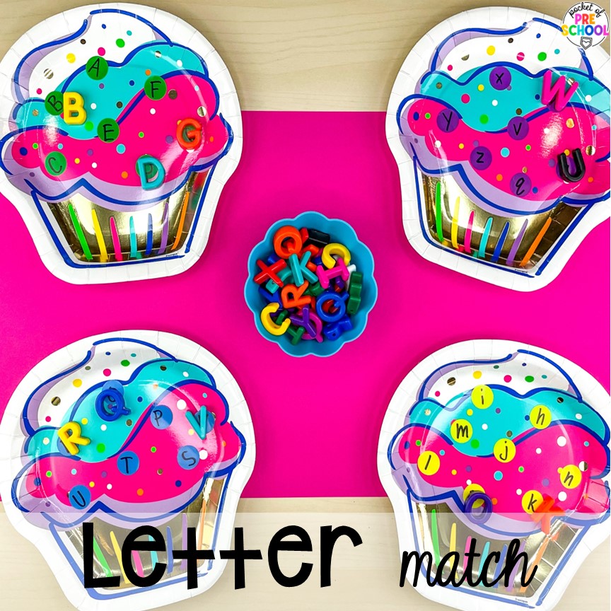 Cupcake letter match activity! Check out these paper plate activities for improve literacy, math, fine motor, and more for preschool, pre-k, and kindergarten students.