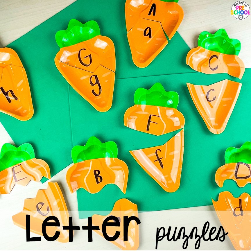 Letter puzzles made with paper plates for little learners. Paper Plate activities for preschool, pre-k, and kindergarten students to improve literacy, math, fine motor skills, and more!