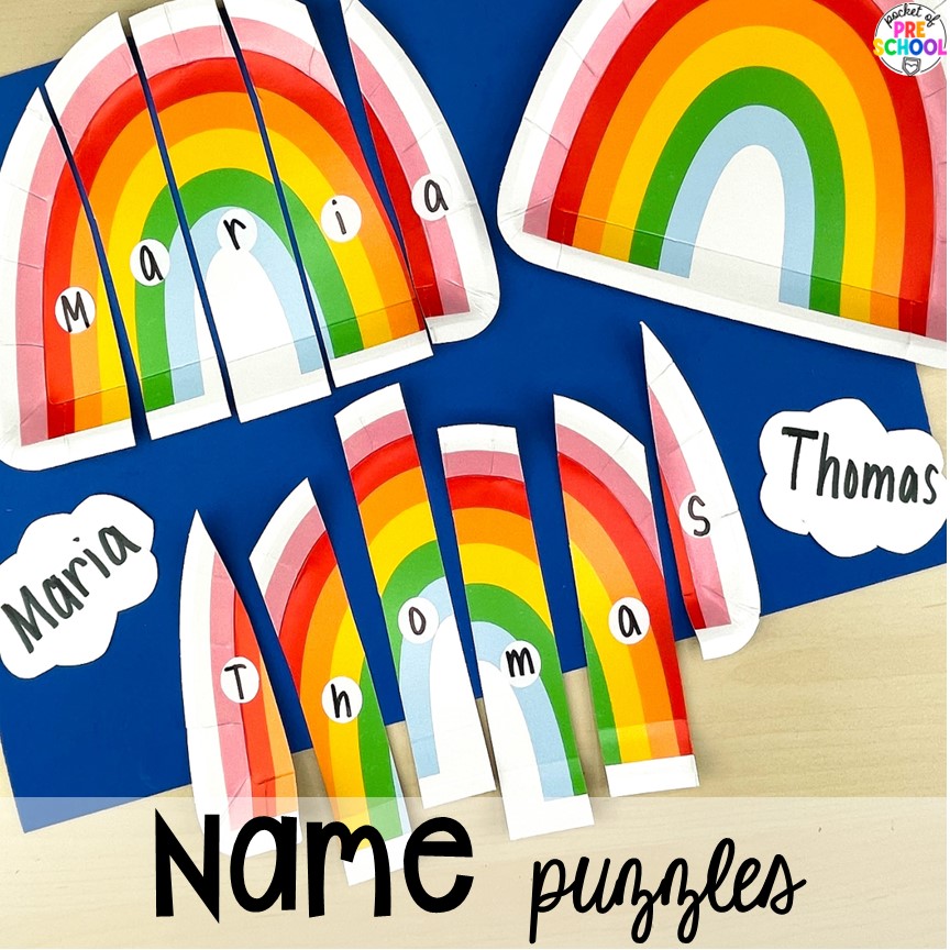Name puzzles made from paper plates. Check out these paper plate activities for improve literacy, math, fine motor, and more for preschool, pre-k, and kindergarten students.