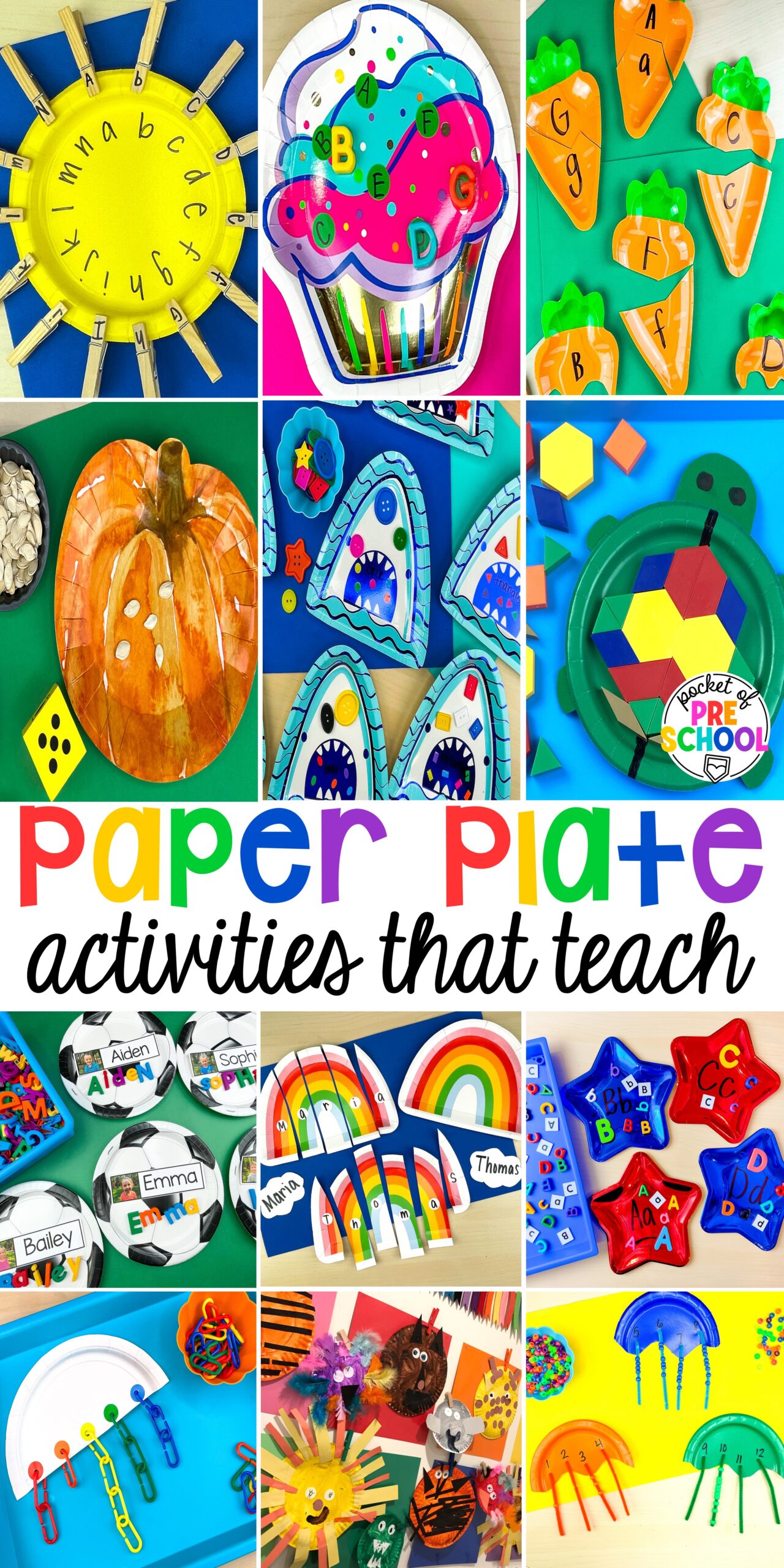 Check out these paper plate activities for improve literacy, math, fine motor, and more for preschool, pre-k, and kindergarten students.