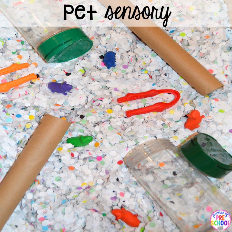 Pet sensory bin plus 40 sensory bin ideas for the whole year! #sensorybin #sensorytable #sensory #sensoryplay #preschool #prek #kindergarten