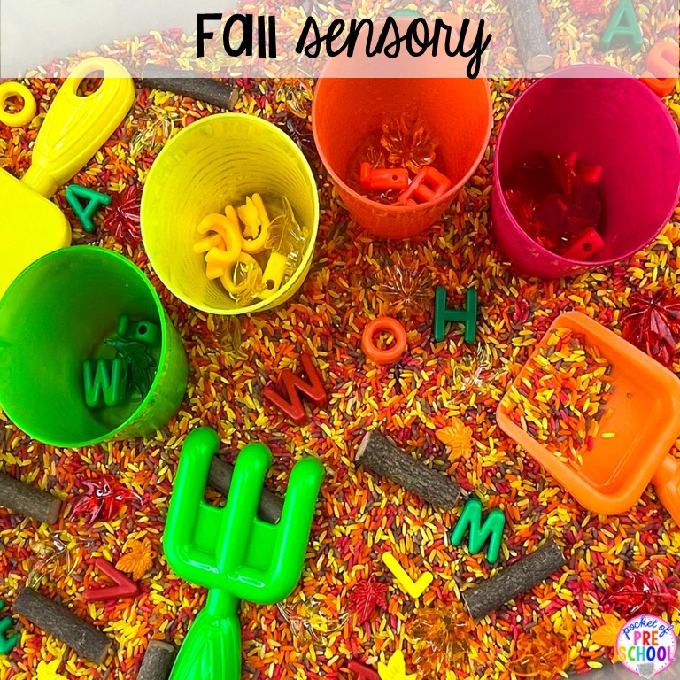 Fall sensory play for little learners with colored rice and lots of fun accessories! Plus 55 more ideas!