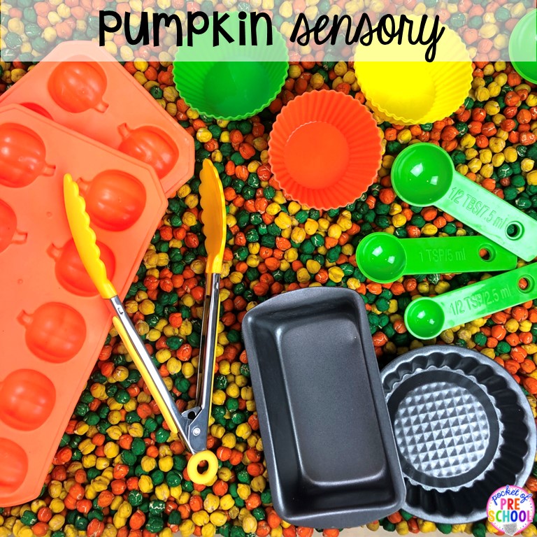 Pumpkin sensory bin plus 55 sensory bin ideas for the whole year! #sensorybin #sensorytable #sensory #sensoryplay #preschool #prek #kindergarten