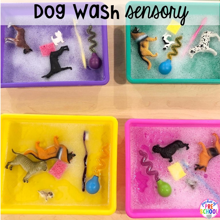 Create a dog washing sensory station for your preschool, pre-k, and kindergarten students to explore and learn. Plus 55 more sensory ideas.
