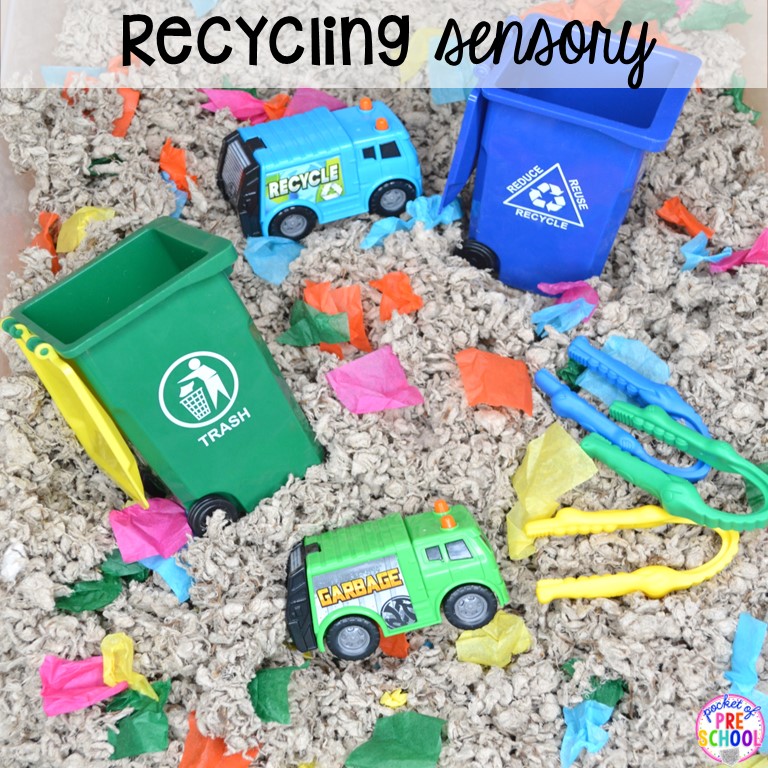 Recycling sensory bin plus 55 sensory bin ideas for the whole year! #sensorybin #sensorytable #sensory #sensoryplay #preschool #prek #kindergarten