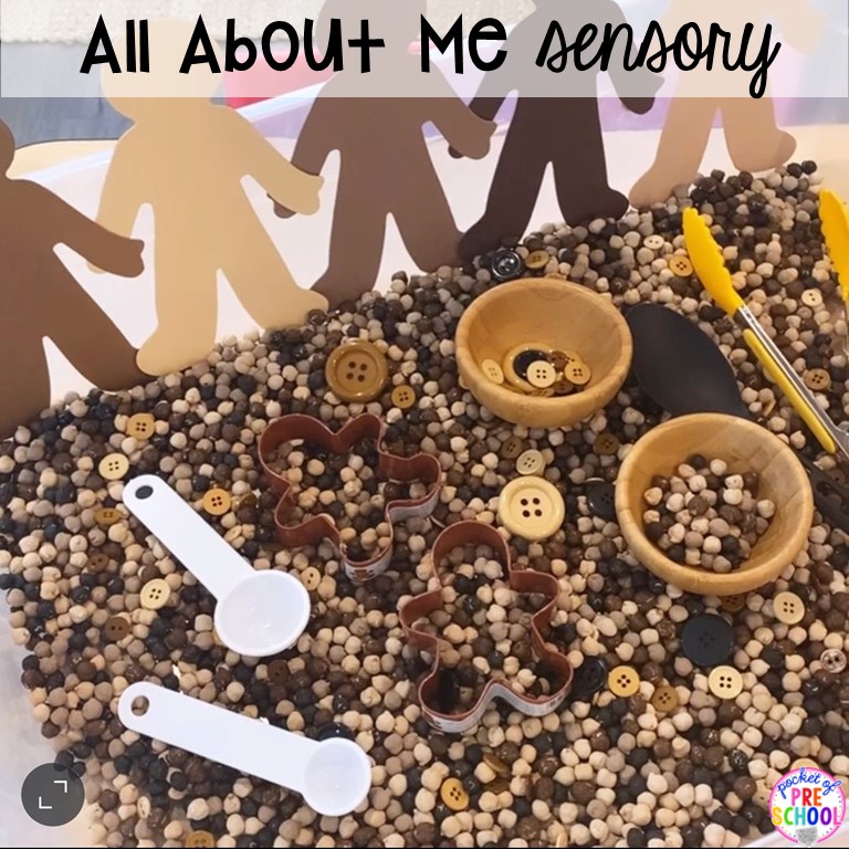 All About Me Sensory Bin plus 55 more sensory ideas for little learners.