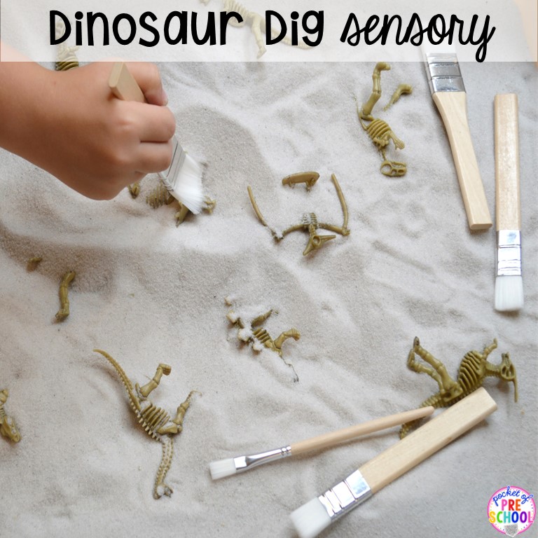 Dinosaur sensory bin plus 55 sensory bin ideas for the whole year! #sensorybin #sensorytable #sensory #sensoryplay #preschool #prek #kindergarten