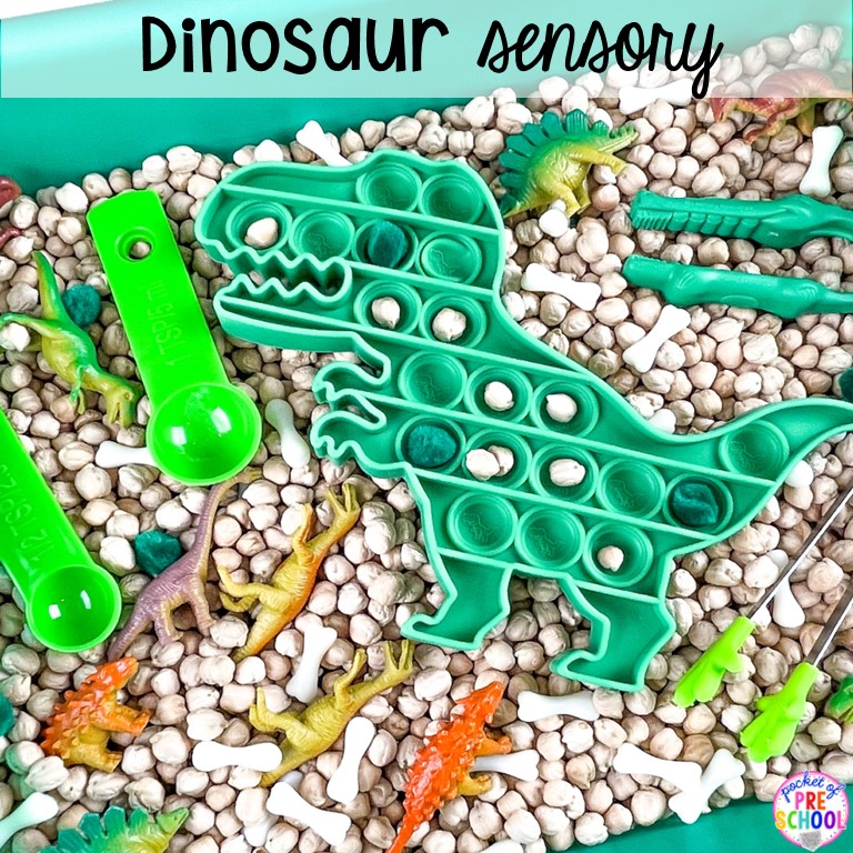 Dinosaur Sensory Bin for preschool, pre-k, and kindergarten students to explore and learn. Plus 55 more sensory ideas.