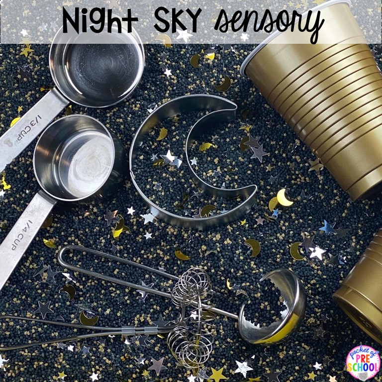 Night sensory bin plus 55 sensory bin ideas for the whole year! #sensorybin #sensorytable #sensory #sensoryplay #preschool #prek #kindergarten