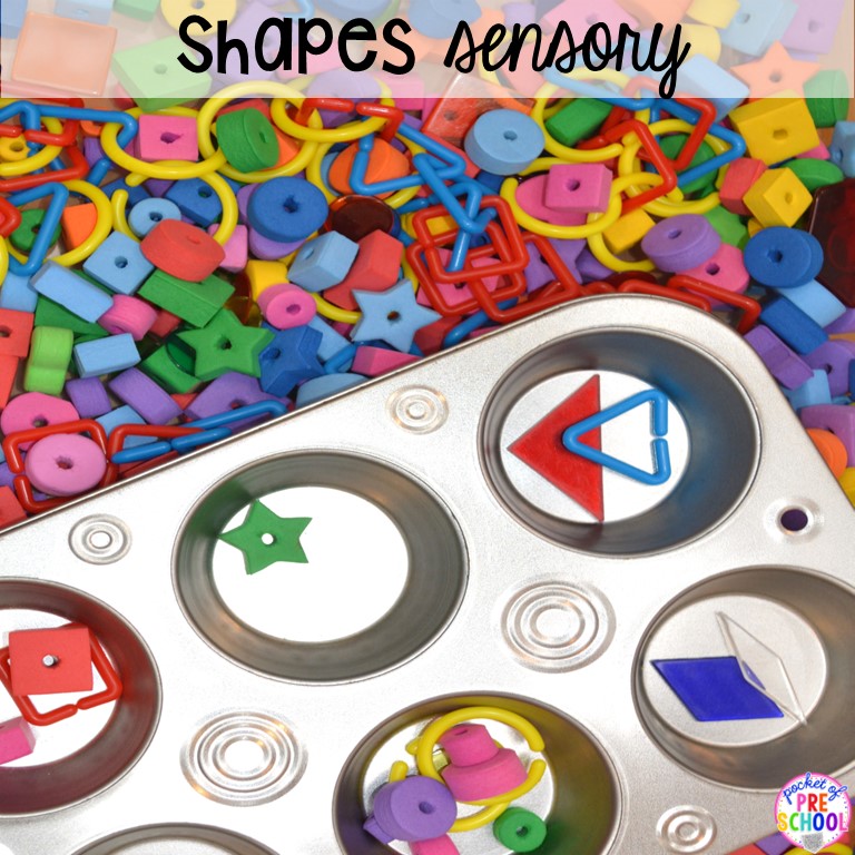 2D Shapes sensory bin plus 55 sensory bin ideas for the whole year! #sensorybin #sensorytable #sensory #sensoryplay #preschool #prek #kindergarten