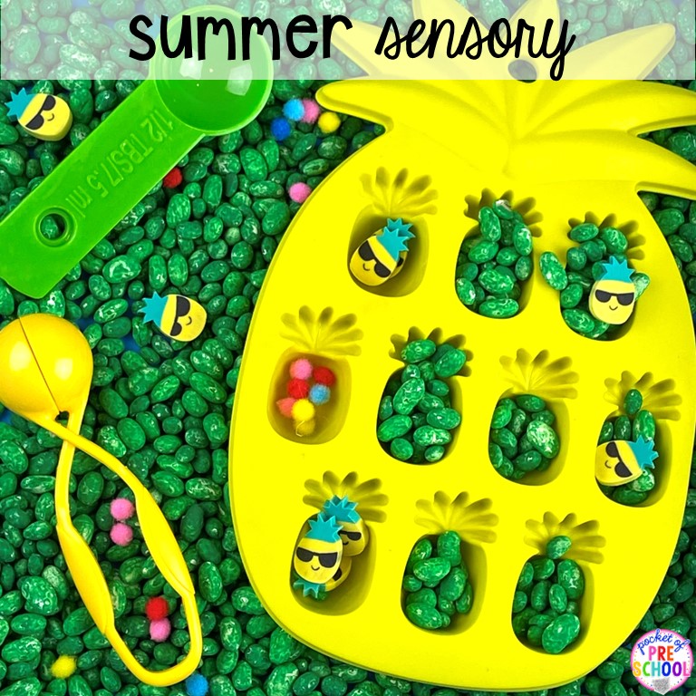 Summer sensory bin for little learners to explore and learn plus tons of summer themed activities your preschool, pre-k, and kindergarten kiddos will LOVE! #preschool #pre-k #summertheme