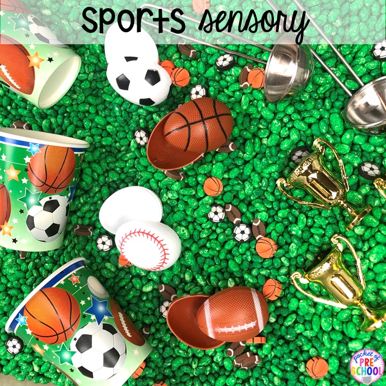 Sports sensory bin plus plus 55 sensory bin ideas for the whole year! #sensorybin #sensorytable #sensory #sensoryplay #preschool #prek #kindergarten
