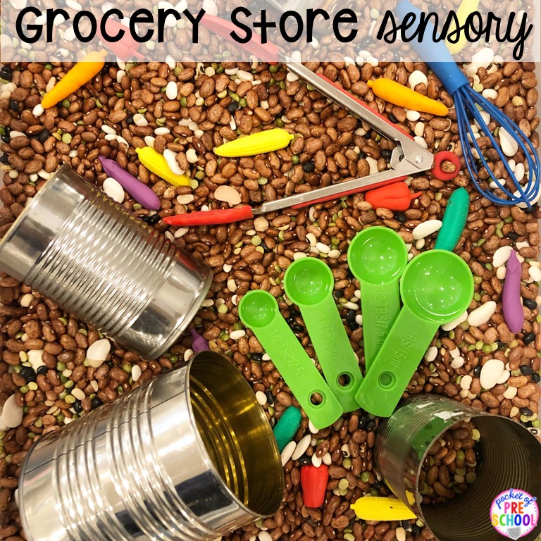 Grocery store sensory bin for preschool, pre-k, and kindergarten students to explore and learn in. Plus 55 more sensory bin ideas.