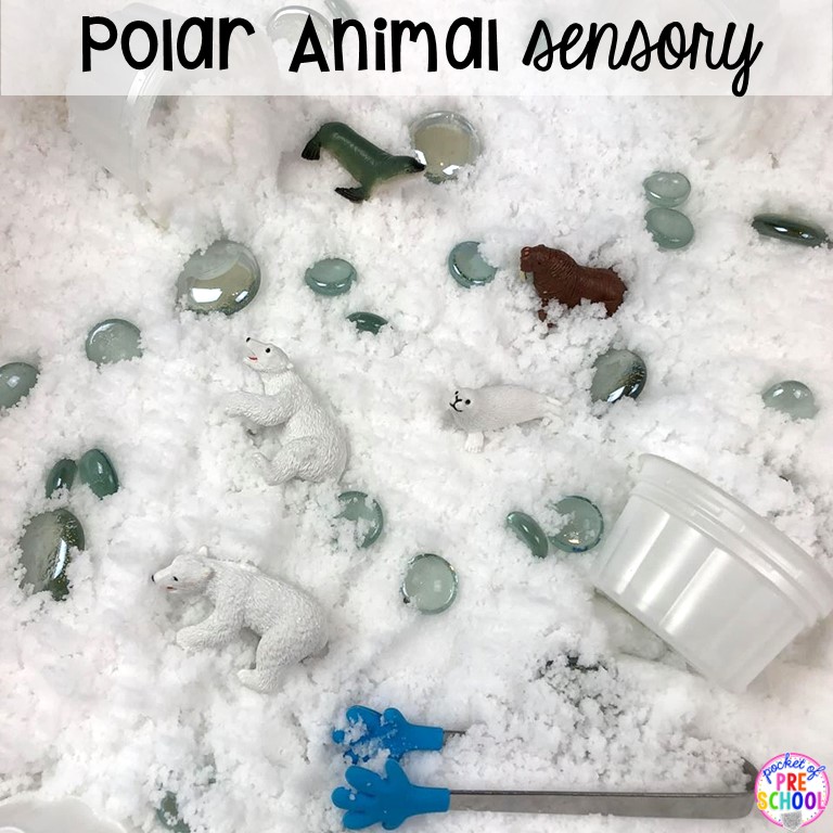 Polar Animals sensory bin plus 55 sensory bin ideas for the whole year! #sensorybin #sensorytable #sensory #sensoryplay #preschool #prek #kindergarten