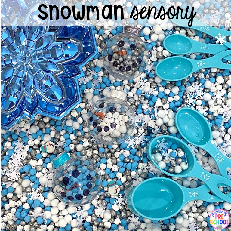 Snowman sensory bin for winter fun during the cold weather. Plus 55 more sensory bin ideas for preschool, pre-k, and kindergarten.