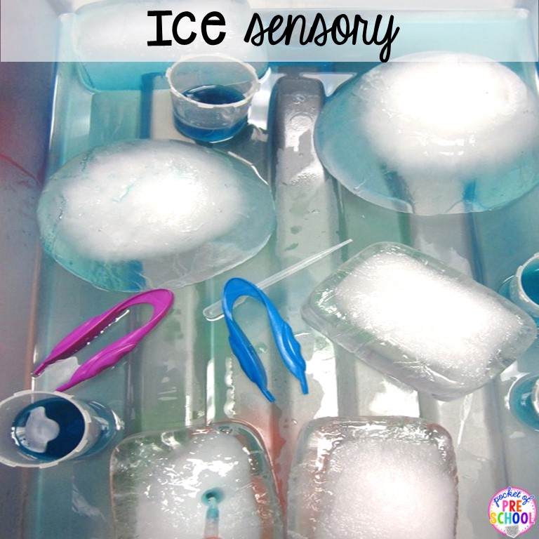 Ice Sensory play for little learners plus 55 more sensory bin ideas.