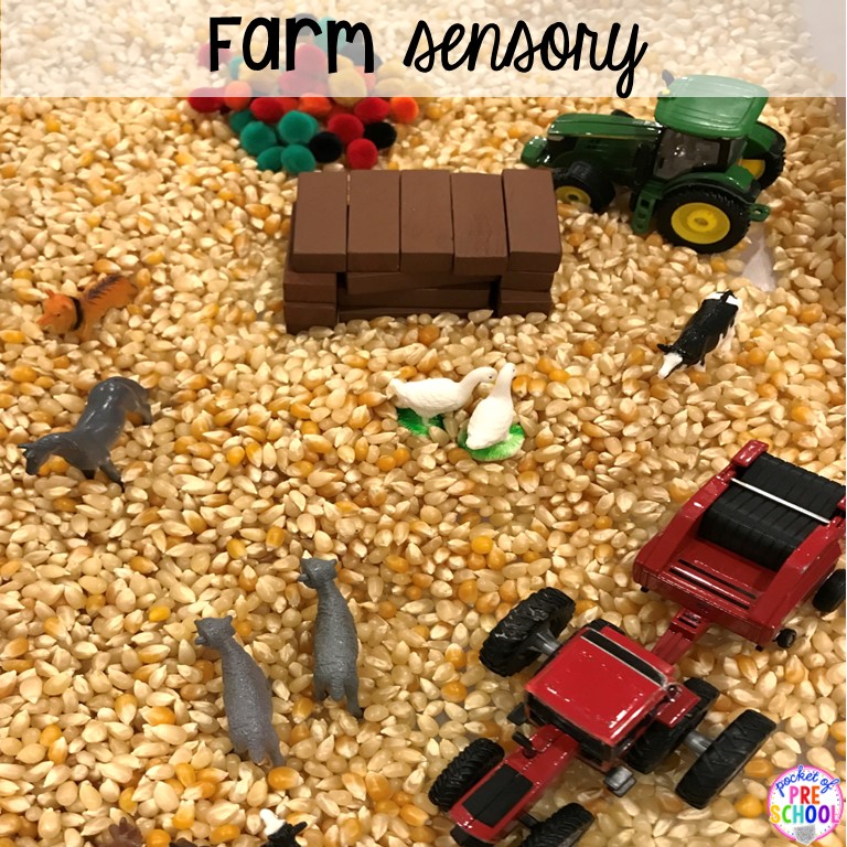 Farm sensory play for preschool, pre-k, and kindergarten students; plus 55 more sensory bin ideas.