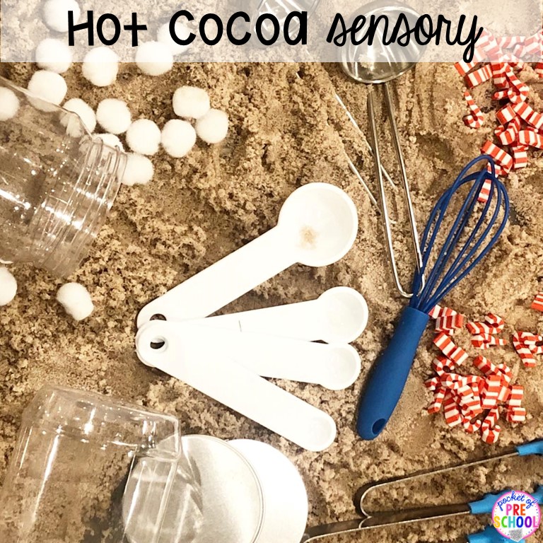 Hot Cocoa Sensory bin for the perfect winter theme in your preschool, pre-k, or kindergarten room.