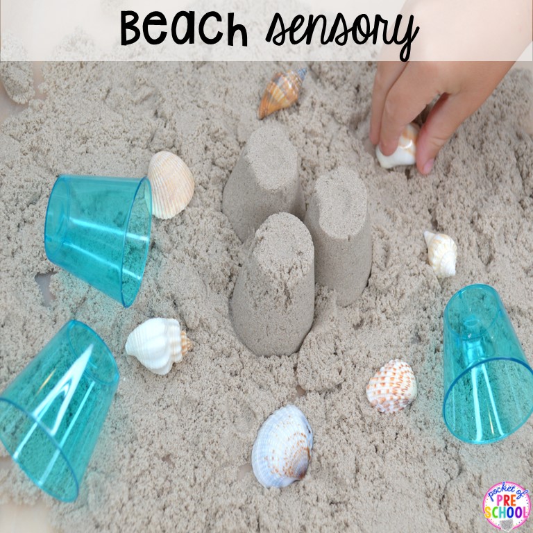 Beach sensory bin plus 55 sensory bin ideas for the whole year! #sensorybin #sensorytable #sensory #sensoryplay #preschool #prek #kindergarten