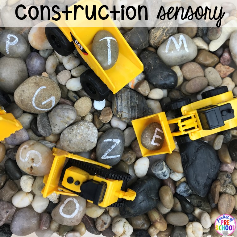 Construction sensory bin plus 55 sensory bin ideas for the whole year! #sensorybin #sensorytable #sensory #sensoryplay #preschool #prek #kindergarten