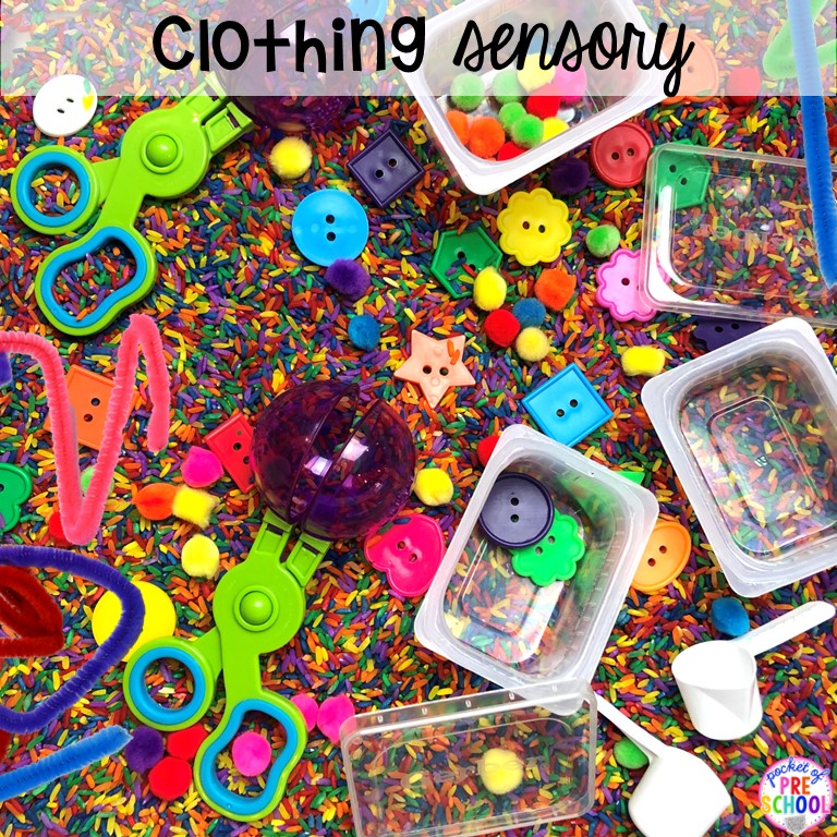 Clothing sensory bin perfect for developing fine motor skills in the preschool, pre-k, and kindergarten room. Plus 55 more sensory ideas.