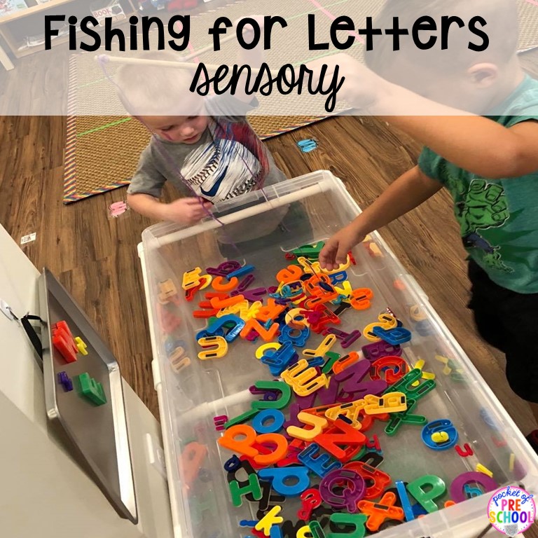Fishing for letters sensory bins for little learners to explore letters in a fun and engaging way. Plus 55 more sensory ideas