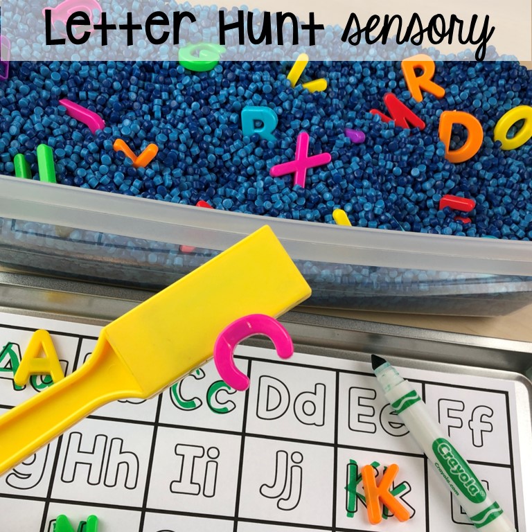Letter hunt sensory bin plus 455nsory bin ideas for the whole year! #sensorybin #sensorytable #sensory #sensoryplay #preschool #prek #kindergarten