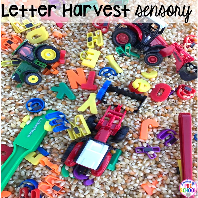 Letter harvest sensory play for little learners to explore letters with a fun farm theme. Plus 55 more sensory ideas.