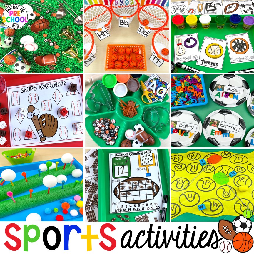 Get more math, science, and literacy ideas for a sports theme in your preschool, pre-k, and kindergarten classroom. 