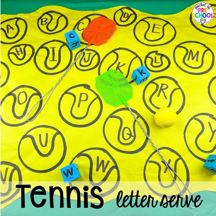 Tennis letter activity using butcher paper. Get tons of ideas for a sports theme in your preschool, pre-k, or kindergarten classroom. There are ideas for math, literacy, fine motor, science, art, and more!