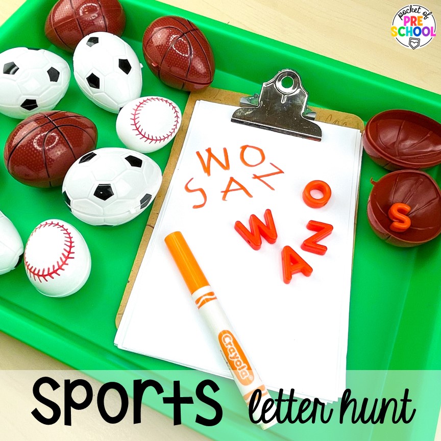 Letter writing activity using sports eggs! Sports themed preschool, pre-k, a& kindergarten activities for math, literacy, fine motor, and more!