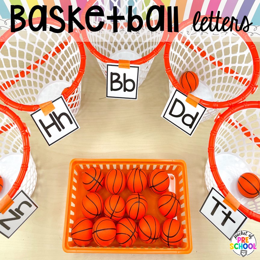 Basketball letter toss to practice uppercase letters or lowercase letters. Get tons of ideas for a sports theme in your preschool, pre-k, or kindergarten classroom. There are ideas for math, literacy, fine motor, science, art, and more!