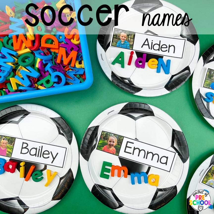 Soccer ball name build it to practice writing names! Sports themed preschool, pre-k, a& kindergarten activities for math, literacy, fine motor, and more!
