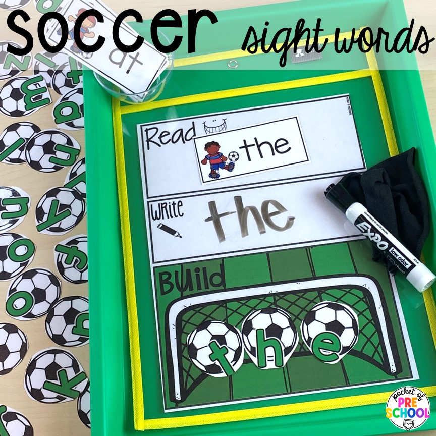 Soccer sight word activity! Get tons of ideas for a sports theme in your preschool, pre-k, or kindergarten classroom. There are ideas for math, literacy, fine motor, science, art, and more!