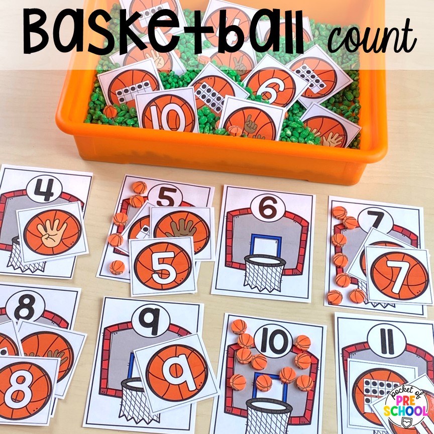 Basketball counting game! Get tons of ideas for a sports theme in your preschool, pre-k, or kindergarten classroom. There are ideas for math, literacy, fine motor, science, art, and more!