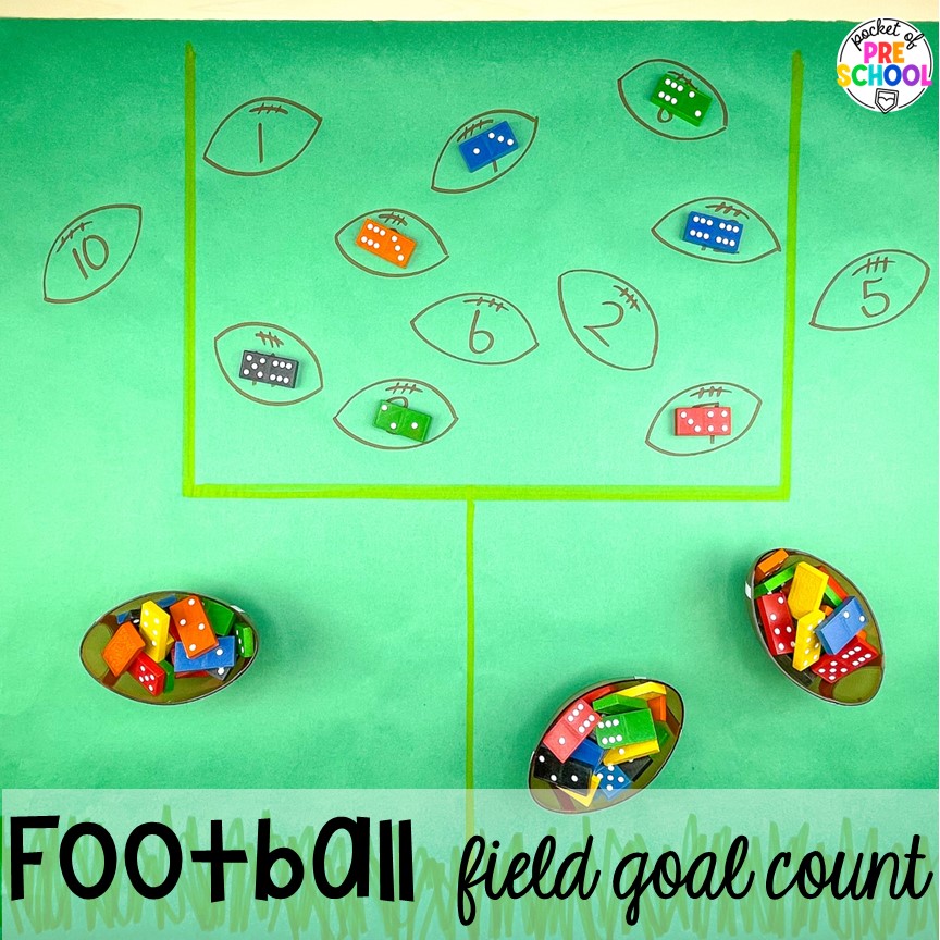 Football field goal count, a game to practice informal addition. Sports themed preschool, pre-k, a& kindergarten activities for math, literacy, fine motor, and more!