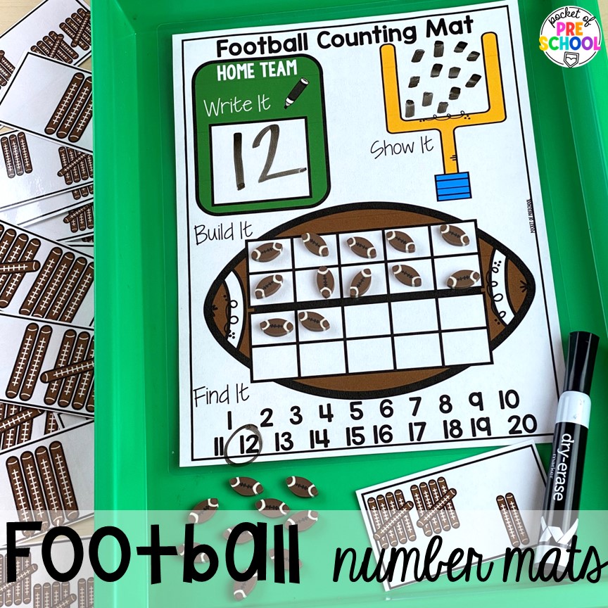 Football number mats - a fun counting game! Get tons of ideas for a sports theme in your preschool, pre-k, or kindergarten classroom. There are ideas for math, literacy, fine motor, science, art, and more!