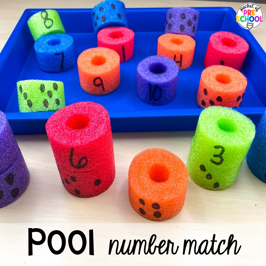 Swimming number match with pool noodles! Sports themed preschool, pre-k, a& kindergarten activities for math, literacy, fine motor, and more!