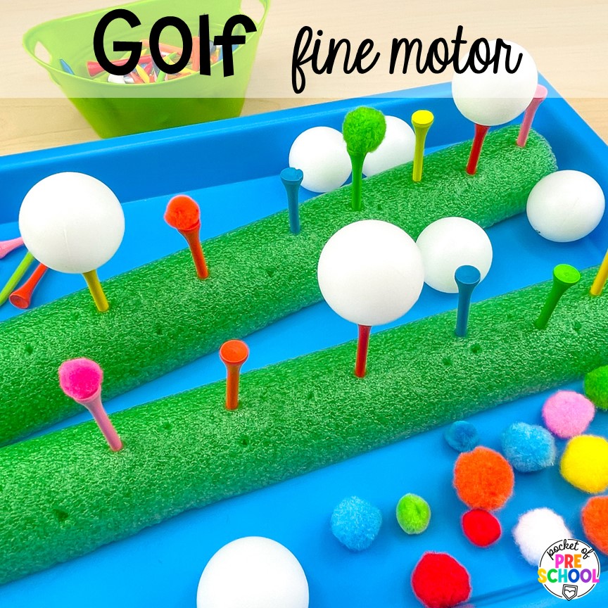 Golf fine motor activity! Get tons of ideas for a sports theme in your preschool, pre-k, or kindergarten classroom. There are ideas for math, literacy, fine motor, science, art, and more!
