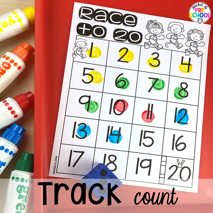 Track roll and count race - a fun counting game! Get tons of ideas for a sports theme in your preschool, pre-k, or kindergarten classroom. There are ideas for math, literacy, fine motor, science, art, and more!