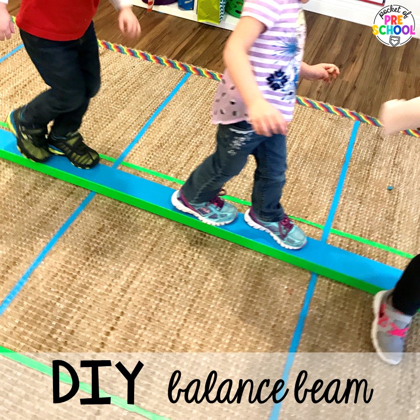 DIY balance beam for gross motor in your classroom. Sports themed preschool, pre-k, a& kindergarten activities for math, literacy, fine motor, and more!