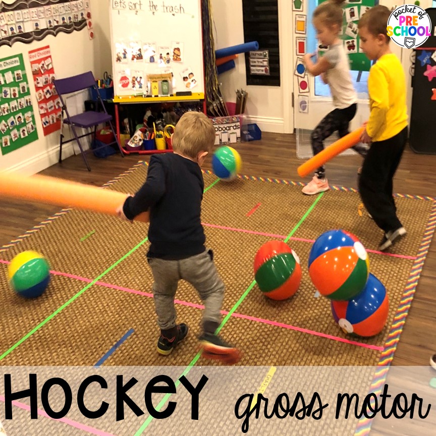 Indoor hockey for inside recess or gross motor with pool noodles and beach balls. Get tons of ideas for a sports theme in your preschool, pre-k, or kindergarten classroom. There are ideas for math, literacy, fine motor, science, art, and more!