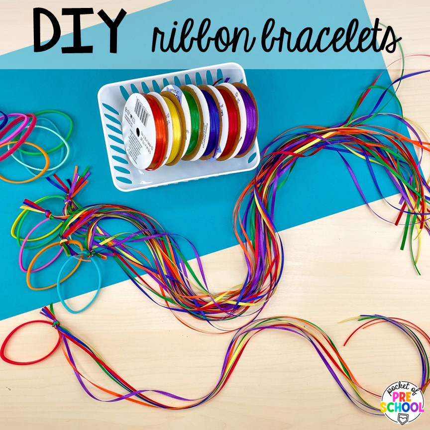 DIY ribbon bracelets for music and movement, indoor recess, or gross motor. Pus more Sports themed preschool, pre-k, a& kindergarten activities for math, literacy, fine motor, and more!
