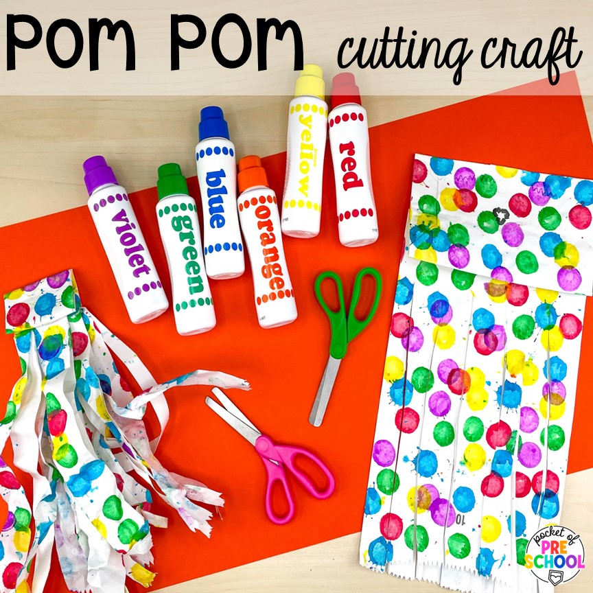 DIY pom poms for the music and movement time or gross motor. Sports themed preschool, pre-k, a& kindergarten activities for math, literacy, fine motor, and more!