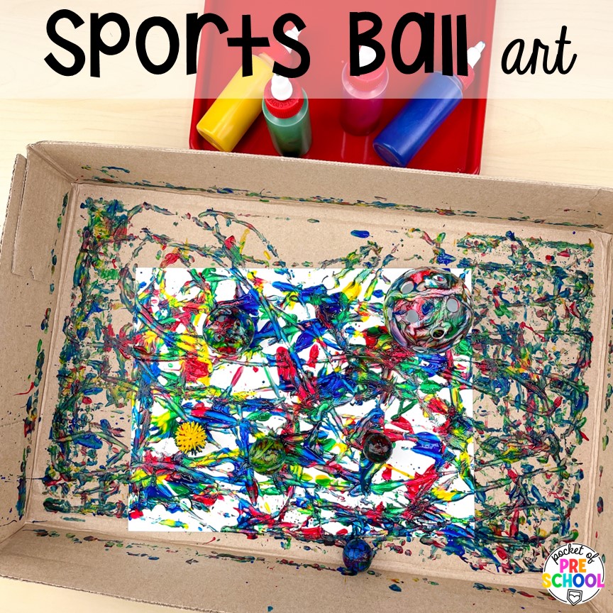 Sports ball art!Get tons of ideas for a sports theme in your preschool, pre-k, or kindergarten classroom. There are ideas for math, literacy, fine motor, science, art, and more!