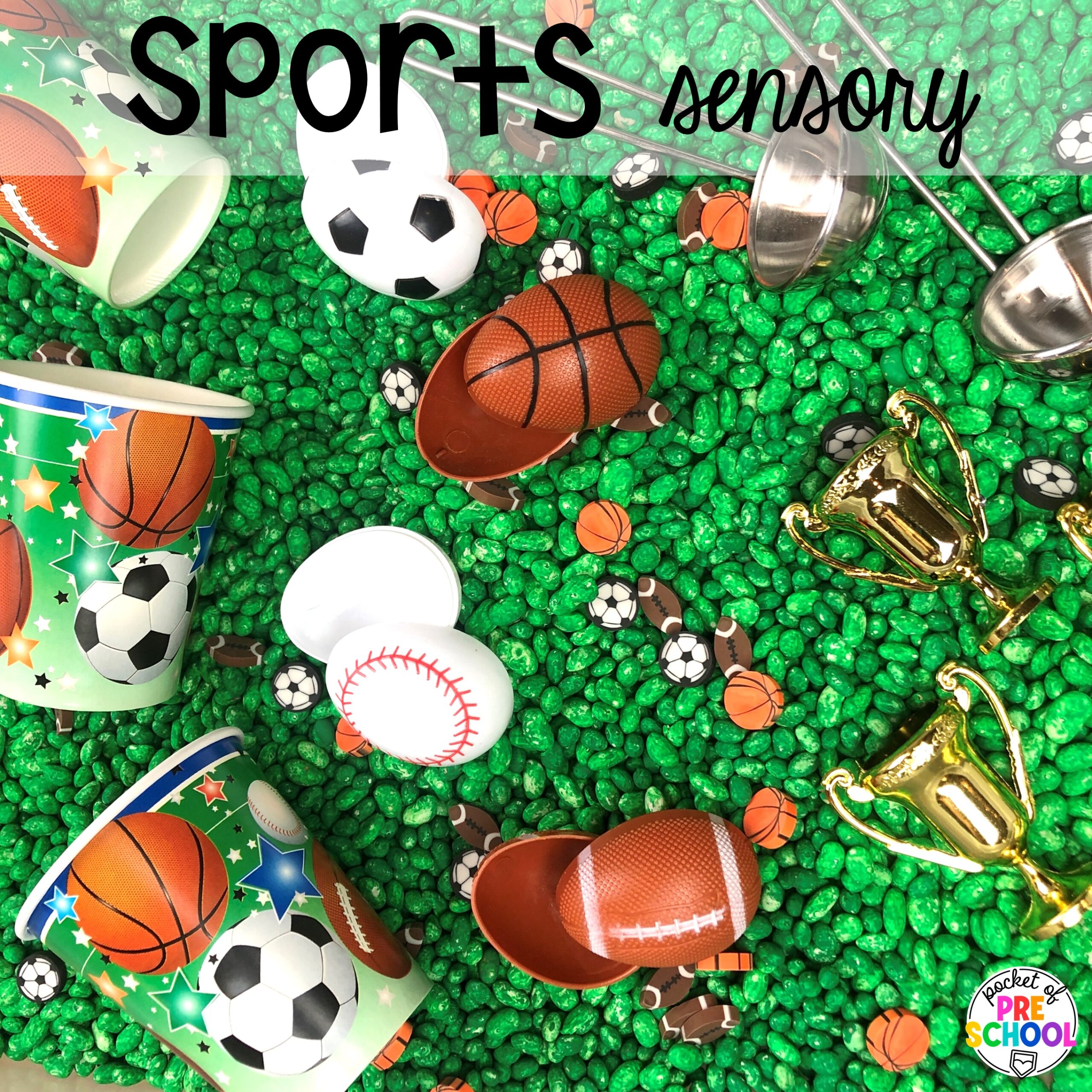 Sports sensory bin or sensory table! Sports themed preschool, pre-k, a& kindergarten activities for math, literacy, fine motor, and more!