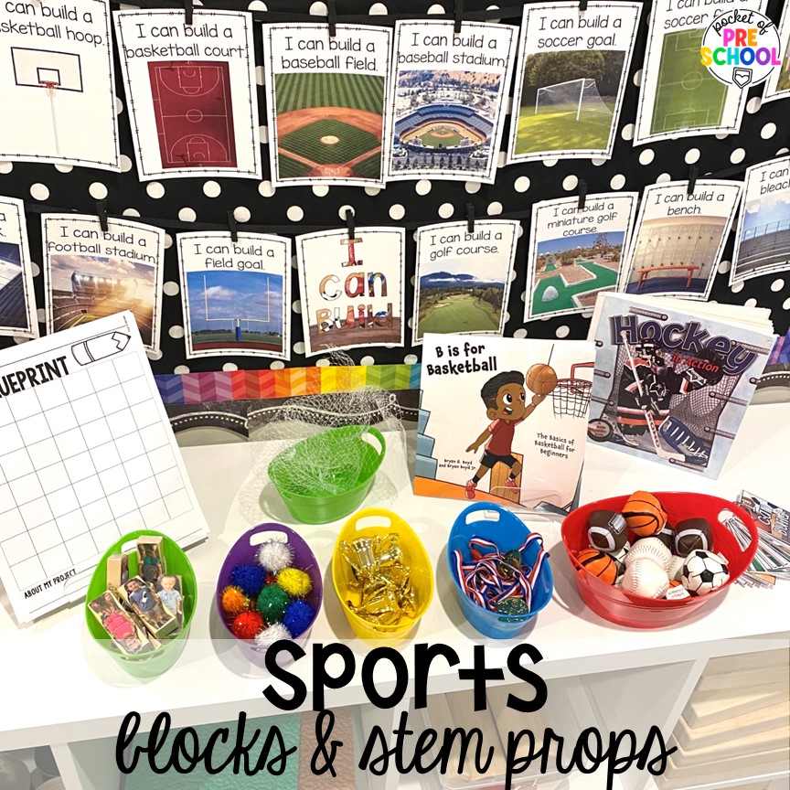 Sports blocks center & STEM set up and prop ideas! Get tons of ideas for a sports theme in your preschool, pre-k, or kindergarten classroom. There are ideas for math, literacy, fine motor, science, art, and more!