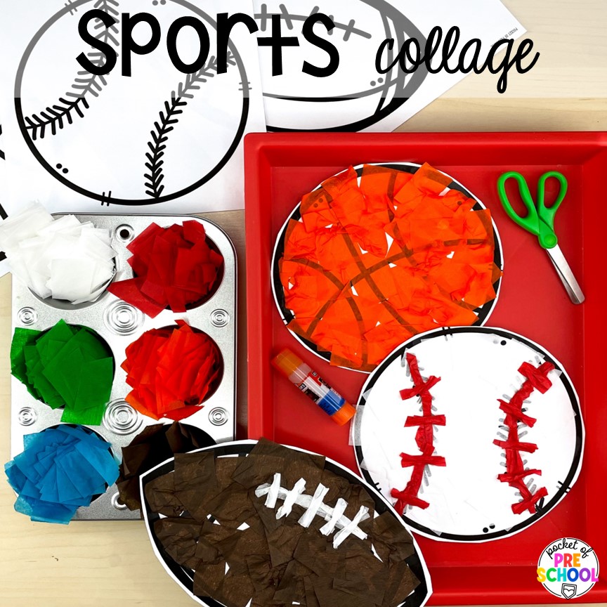 Sports ball art collage is a fun fine motor activity! Sports themed preschool, pre-k, a& kindergarten activities for math, literacy, fine motor, and more!