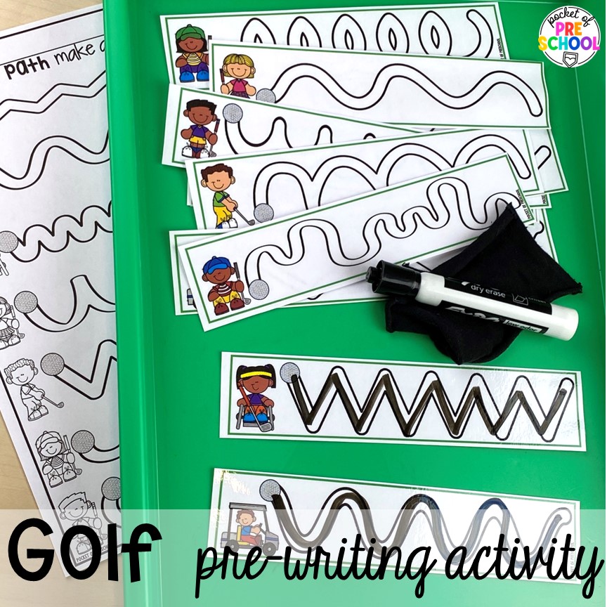 Gold pre-writing activity printable! Get tons of ideas for a sports theme in your preschool, pre-k, or kindergarten classroom. There are ideas for math, literacy, fine motor, science, art, and more!