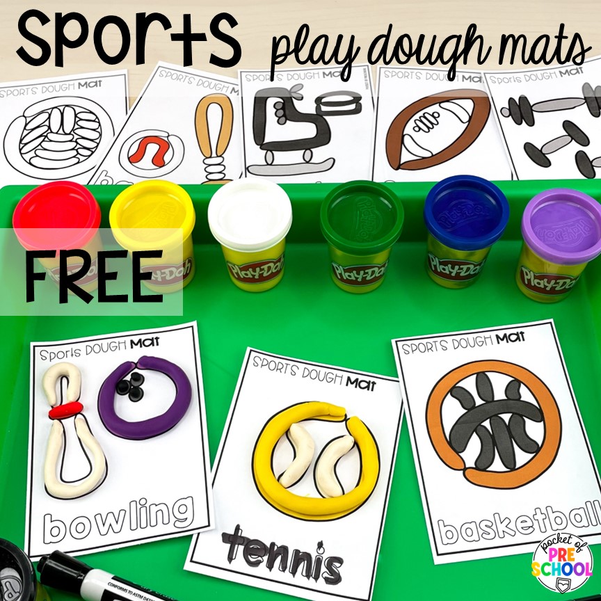 FREE sports play dough mats for fine motor fun! Sports themed preschool, pre-k, a& kindergarten activities for math, literacy, fine motor, and more!